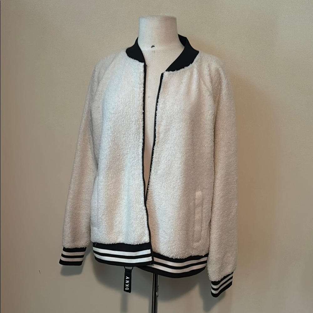 DKNY Black and White Teddy Jacket with Ribbed Trim Size Large